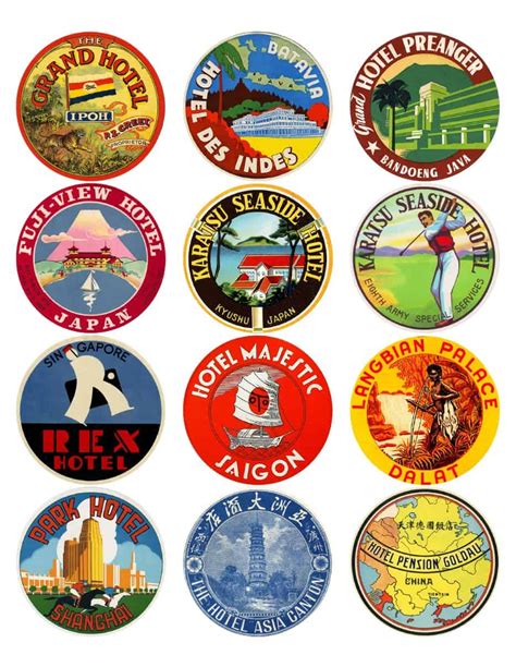 12 VINTAGE LUGGAGE STICKERS FROM ASIA