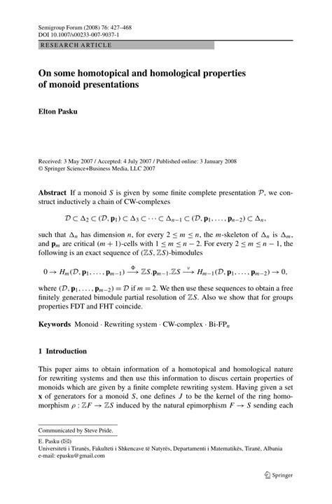 (PDF) On some homotopical and homological properties of monoid presentations