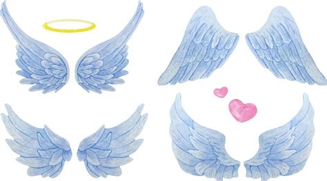 Set of watercolor blue angel wings with gold halo and hearts. Realistic wings illustration ...