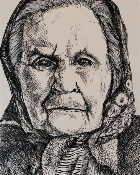 Old lady in a babuska ink drawing | Original ink drawing, Human ...