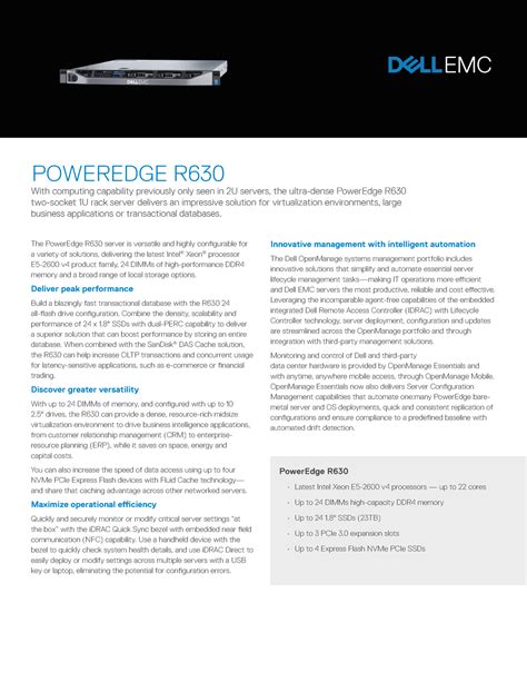 Dell poweredge r630 spec sheet - POWEREDGE R With computing capability previously only seen in ...