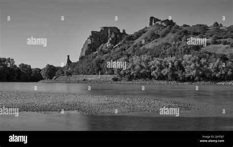 Devin castle ruins and Danube river in Slovakia In black and white ...