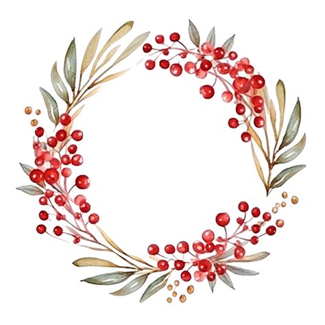 Watercolor Christmas Leaf And Red Berry Wreath With Golden Frame ...