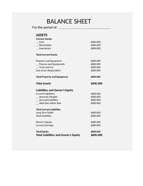 Printable Balance Sheet Template