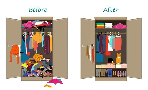 Before untidy and after tidy wardrobe. Messy clothes thrown on a shelf and nicely arranged ...