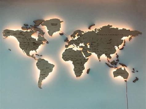 Light Wood Wall Map Of the World Map Wall Art Large Travel LED Map ...