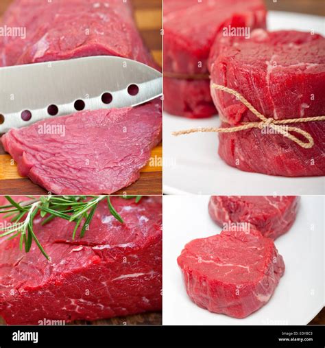 collection of different raw beef cuts collage white frame Stock Photo - Alamy