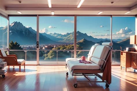 Premium AI Image | A hospital room with a view of the mountains and a ...