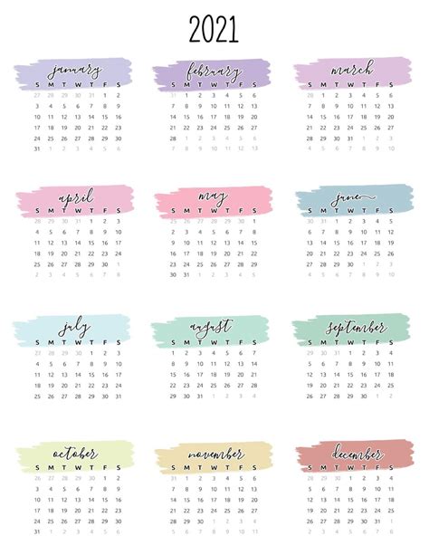 Watercolor Full Year 2021 Calendar Printable World Of Printables ...