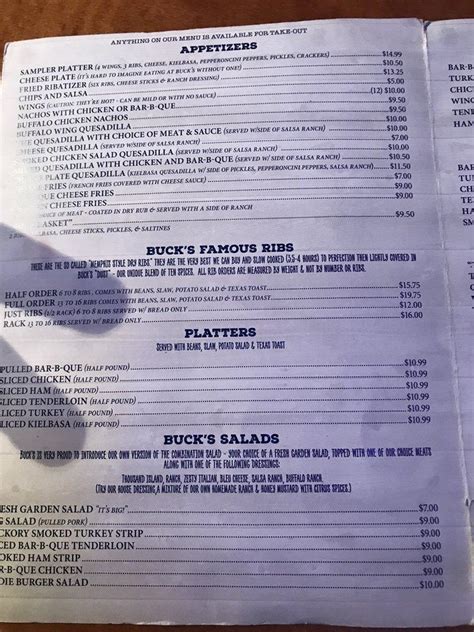 Menu at Bucks Bar, Corinth