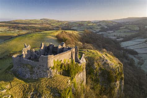 Aerial vista by drone of Carreg Cennen Castle, Brecon Beacons National Park, Carmarthenshire ...