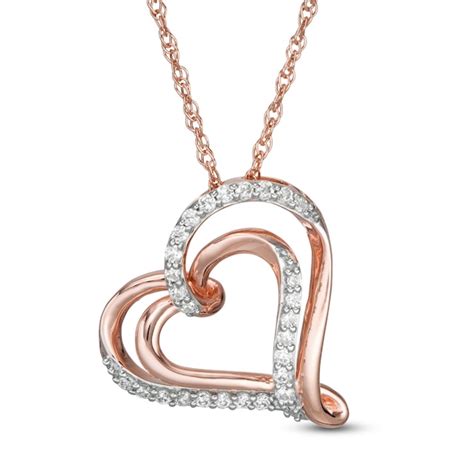 1/4 CT. T.W. Diamond Double Tilted Heart Pendant in 10K Rose Gold | Zales