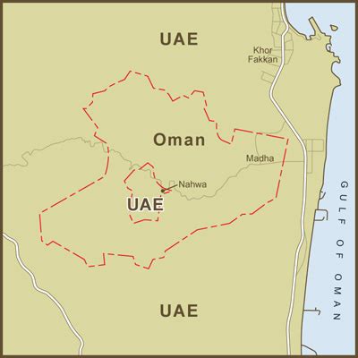 This is Nahwa. It is an Emirati enclave within the Omani territory of Madha, which is itself an ...