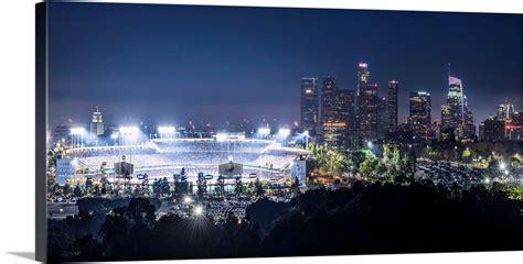 Dodger Stadium and LA skyline Lit Up at Night Wall Art, Canvas Prints ...