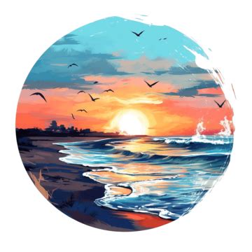 Painting Art Of Sunset Beach Sticker With Ai Generative, Tropical, Vacation, Shirt PNG ...