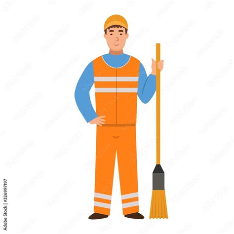 Cartoon janitor with a broom, character for children. Flat vector ...