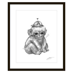 Fat Little Monkey Sketch Illustration 8.5 X 11 Black and White Animal Art Print - Etsy