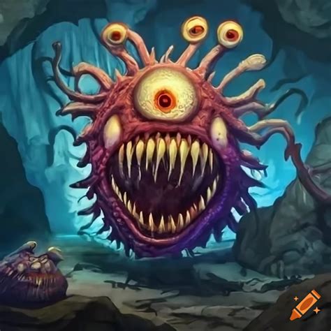 Illustration of beholder monster confronting adventurers in a cave