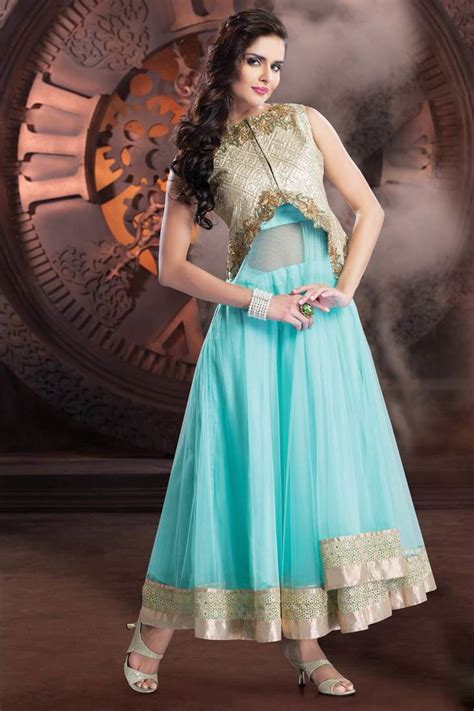 Buy Sky Blue & Gold combo koti style anarkali in Net & Jamavar fabric ...