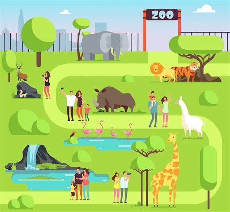 Zoológico de dibujos animados con visitantes y animales de safari ...