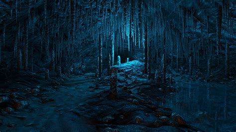 Cave, art, fantasy, dark, black, blue, HD wallpaper | Peakpx