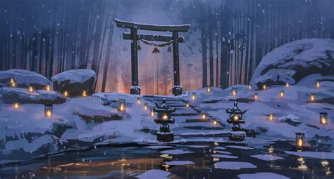 1080P, forest, lake, winter, snow, lantern, anime, torii, Surendra ...