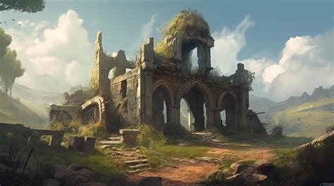 Ruin Building Fantasy Backdrop Concept Art Realistic Illustration ...