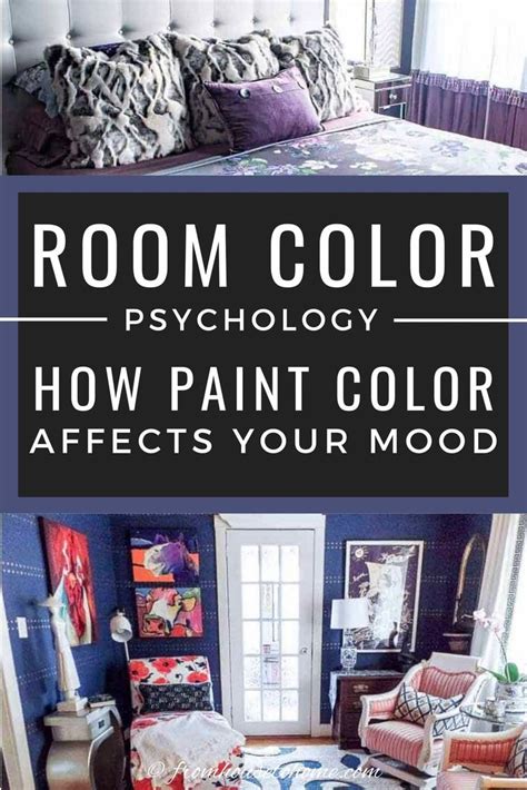 a bedroom with blue walls and purple furniture in the background, text ...