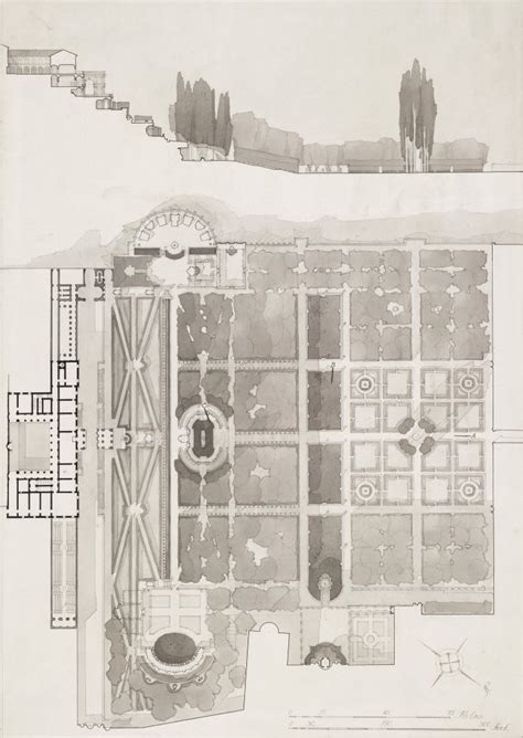 Villa d'Este, Tivoli: plan and section showing the villa and its ...