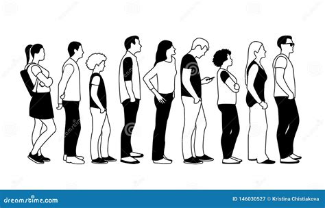 Full Length of Cartoon People Standing in Line Outline Stock Vector - Illustration of global ...