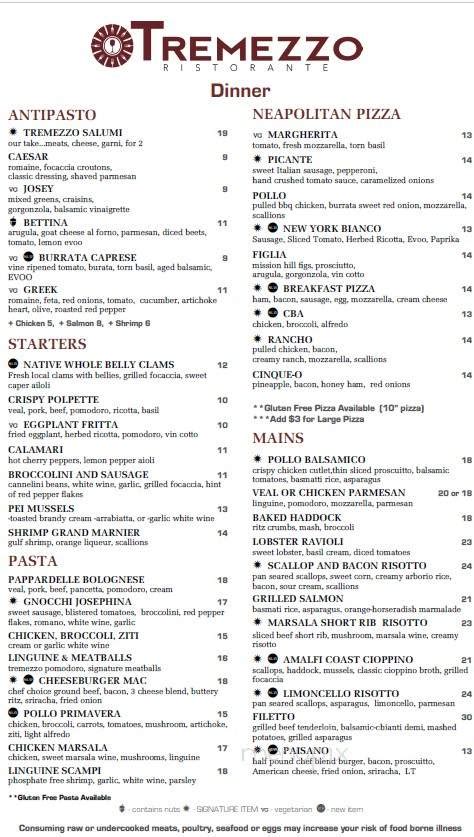 Menu of Tremezzo Ristorante in Wilmington, MA 01887