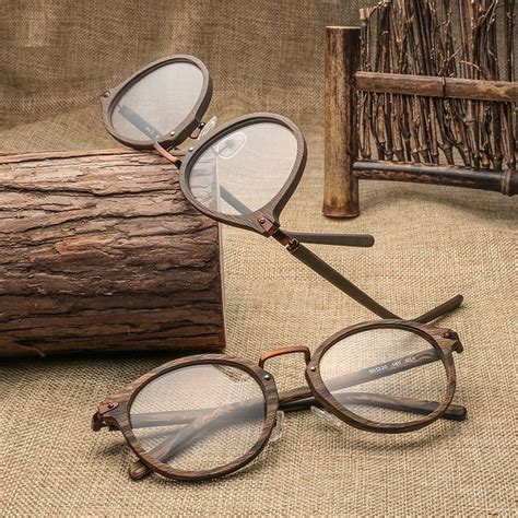 HDCRAFTER Prescription Eyeglasses Frames For Men and Women Retro Round Wood Grain Optical ...