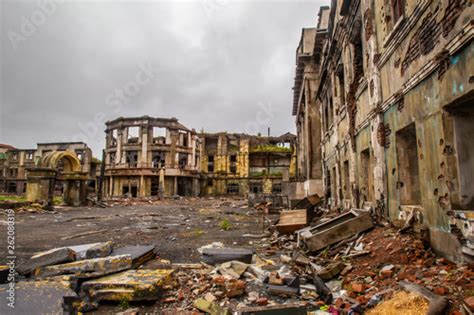 The city ruins after the war. Ruins of war. Broken city after the military bombing. The bombed ...