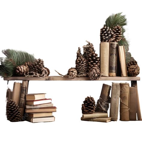Books And Christmas Tree With Cones On The Old Wooden Shelf, Library Books, Textbook, Bookstore ...
