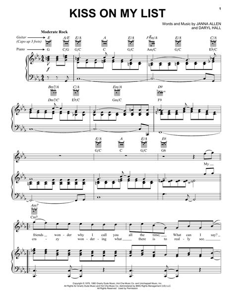 Kiss On My List sheet music by Hall & Oates (Piano, Vocal & Guitar (Right-Hand Melody) – 30732)