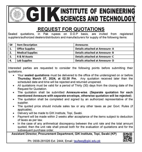 REQUEST FOR QUOTATIONS - Ghulam Ishaq Khan Institute of Engineering ...