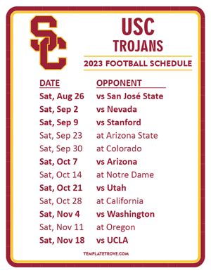 Printable 2023 USC Trojans Football Schedule