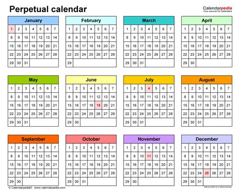 Perpetual Calendar Printable Free - Printable Word Searches