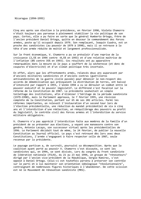 Nicaragua (1994-1995) Cinq ans après son élection à la présidence, en février 1990, Violeta ...