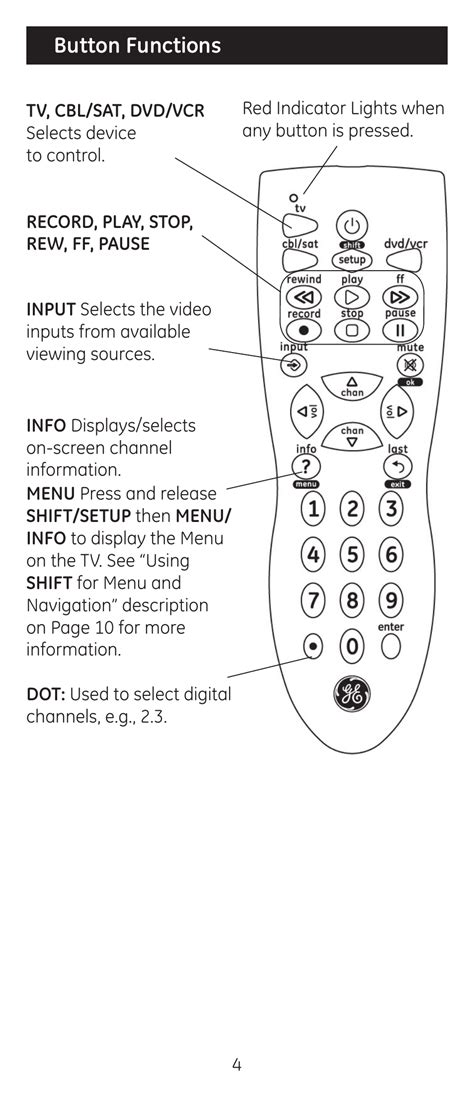 Button functions | GE 24912-v2 GE Universal Remote User Manual | Page 4 ...