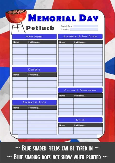 Memorial Day Printable Potluck Sign Up Sheet Bbq X Etsy | Hot Sex Picture