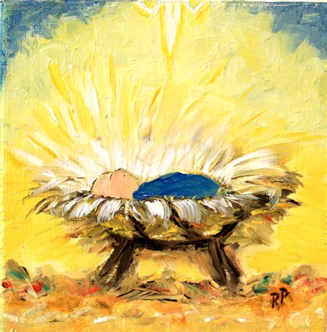 Baby in Manger Nativity of Jesus 5 x 5 on bright yellow