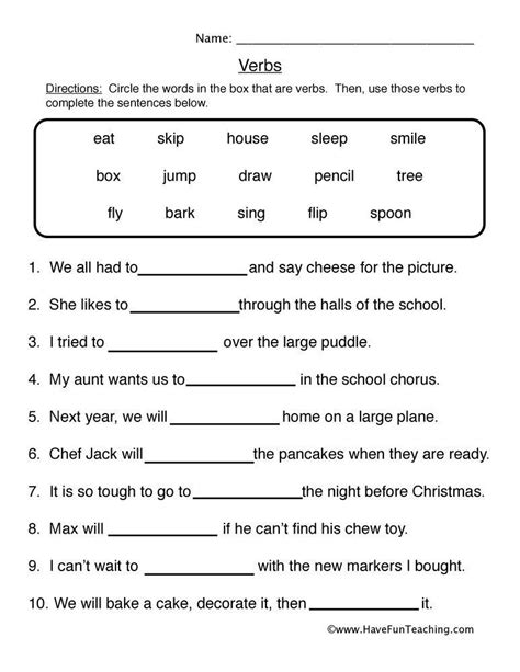 Fill in the Blanks Verb Worksheet | Verb worksheets, Nouns worksheet ...