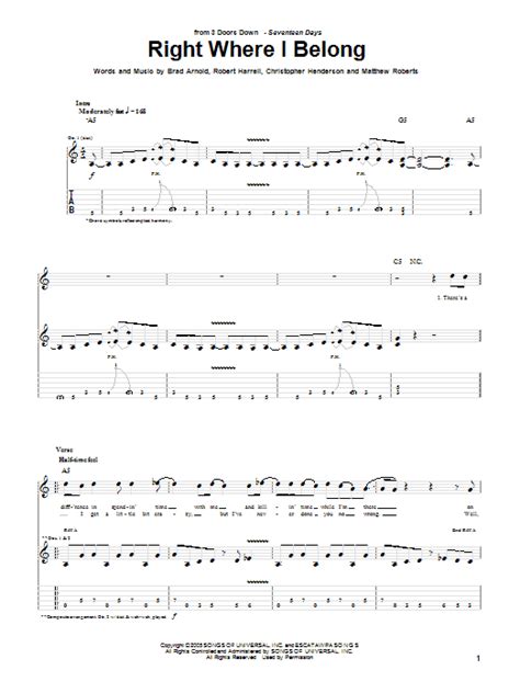 Right Where I Belong by 3 Doors Down Sheet Music for Guitar Tab at Sheet Music Direct