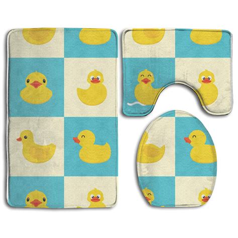 GOHAO Funny Rubber Duck 3 Piece Bathroom Rugs Set Bath Rug Contour Mat and Toilet Lid Cover ...