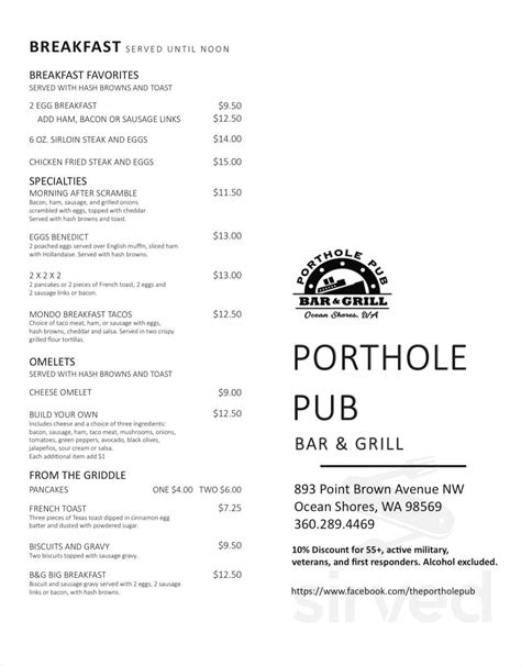 Porthole Pub Bar & Grill menu in Ocean Shores, Washington, USA