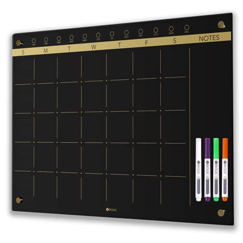 Black Glass Golden Monthly Dry Erase Calendar Whiteboard for Wall, 17" x 23", Frameless Large ...