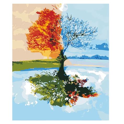 Beautiful Frameless Four Seasons Tree Landscape DIY Painting By Numbers Kit Paint on Canvas ...