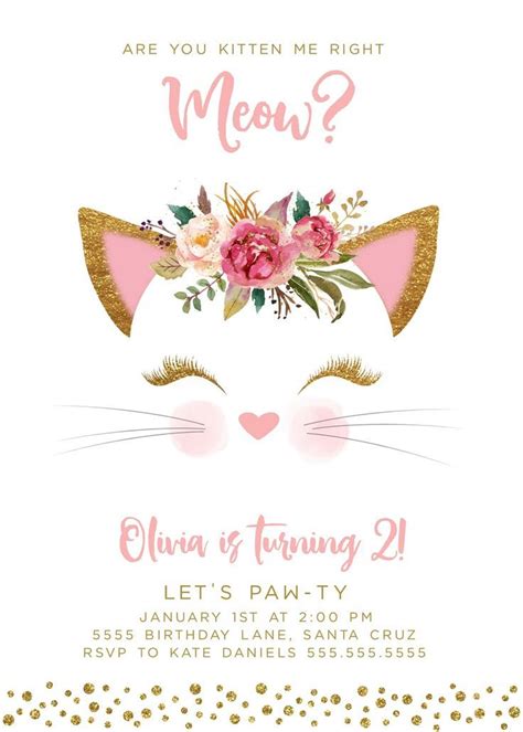 Kitten Birthday Invitation Invites Digital Cat Pink Gold | Etsy | Cat birthday invitations ...