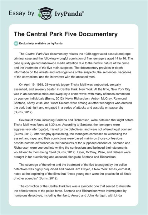 The "Central Park Five" Documentary - 404 Words | Essay Example